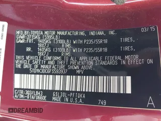2015 Toyota Sienna XLE with VIN 5TDYK3DC6FS593937, listed as a IAAI auction lot 42168204 with 136,059 mi miles and . Bid and sale history available at DreamBid. Image 9.