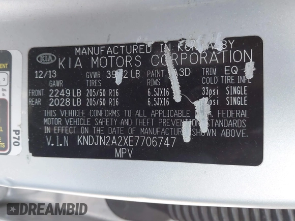 2014 Kia Soul with VIN KNDJN2A2XE7706747, listed as a IAAI auction lot 41870810 with 113,709 mi miles. Bid and sale history available at carsss.com. Image 9.