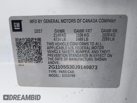 2018 Chevrolet Impala LT z VIN 2G1105S30J9149873, wystawiony jako IAAI lot #42018654 z przebiegiem 118 132 mil mil oraz . Historia ofert i sprzedaży dostępna na DreamBid. Obrazek 9.