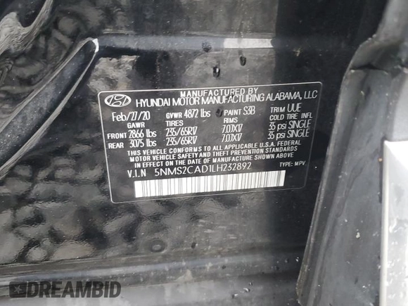 2020 Hyundai Santa Fe SE with VIN 5NMS2CAD1LH232892, listed as a Copart auction lot 56045055 with 40,211 mi miles and Salvage title. Bid and sale history available at DreamBid. Image 13.