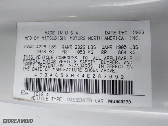 2004 Chrysler Sebring LXi with VIN 4C3AG52HX4E083092, listed as a IAAI auction lot 41508414 with 104,989 mi miles. Bid and sale history available at carsss.com. Image 9.