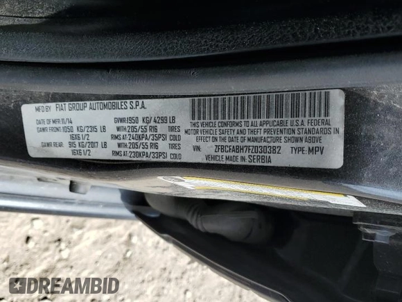 2015 FIAT 500L Easy with VIN ZFBCFABH7FZ030382, listed as a Copart auction lot 62732905 with 88,945 mi miles and Salvage title. Bid and sale history available at DreamBid. Image 12.
