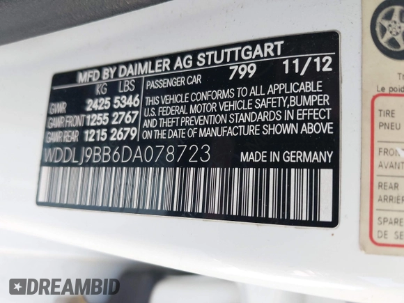 2013 Mercedes-Benz CLS 550 with VIN WDDLJ9BB6DA078723, listed as a IAAI auction lot 42410143 with 171,248 mi miles and . Bid and sale history available at DreamBid. Image 9.