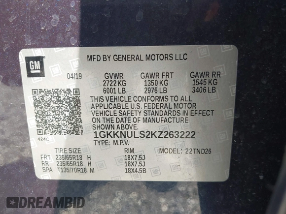 2019 GMC Acadia SLT with VIN 1GKKNULS2KZ263222, listed as a IAAI auction lot 42125217 with 41,535 mi miles and . Bid and sale history available at DreamBid. Image 9.