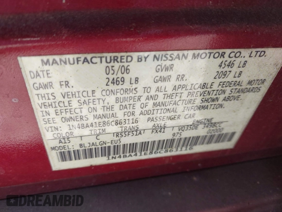 2006 Nissan Maxima 3.5 SL with VIN 1N4BA41E86C863116, listed as a IAAI auction lot 41803478 with 1 mi miles. Bid and sale history available at carsss.com. Image 9.