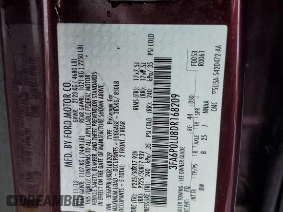 2013 Ford Fusion SE Hybrid with VIN 3FA6P0LU8DR168209, listed as a Copart auction lot 51796085 with Not Provided miles and Clean Title. Bid and sale history available at DreamBid. Image 12.