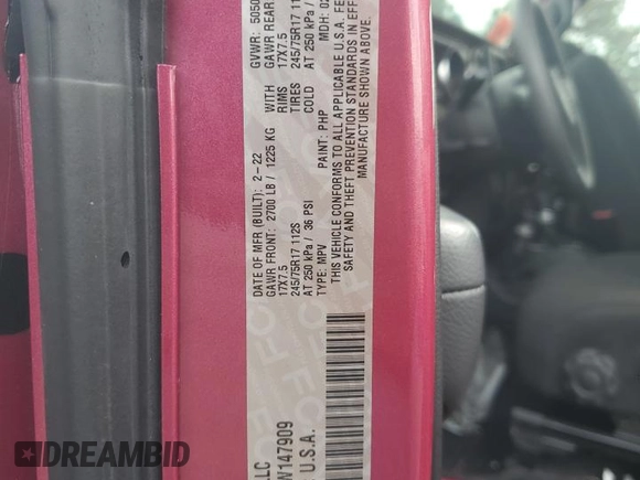 2022 Jeep Wrangler Sport with VIN 1C4HJXAG7NW147909, listed as a Copart auction lot 73051454 with 21,707 mi miles and Salvage Title. Bid and sale history available at DreamBid. Image 13.
