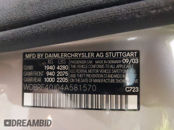 2004 Mercedes-Benz C 230 Kompressor with VIN WDBRF40J04A581570, listed as a IAAI auction lot 41649446 with 151,117 mi miles and . Bid and sale history available at DreamBid. Image 9.