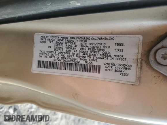 2003 Toyota Tacoma with VIN 5TEWN72N03Z296252, listed as a Copart auction lot 45464345 with 278,621 mi miles and Salvage Title. Bid and sale history available at DreamBid. Image 14.