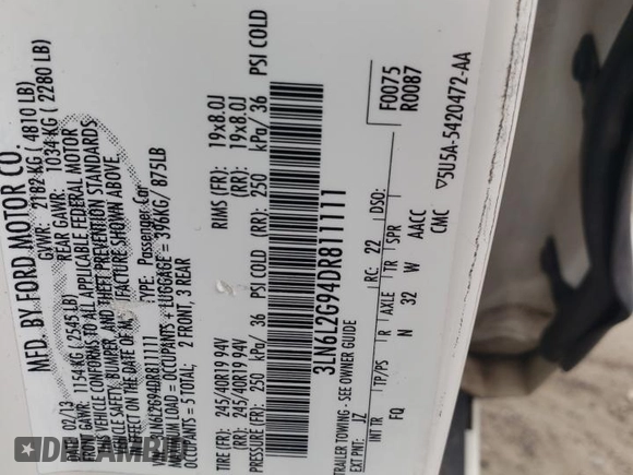 2013 Lincoln MKZ с VIN 3LN6L2G94DR811111, выставлен на аукционе Copart как лот 60800185 с пробегом 116 892 миль миль и Списание • Salvage title. История ставок и продаж доступна на DreamBid. Изображение 12.