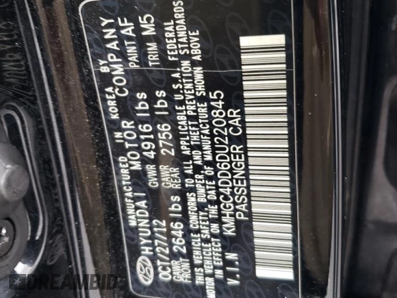 2013 Hyundai Genesis 3.8L with VIN KMHGC4DD6DU220845, listed as a Copart auction lot 71962964 with 106,762 mi miles and Salvage Title. Bid and sale history available at carsss.com. Image 14.