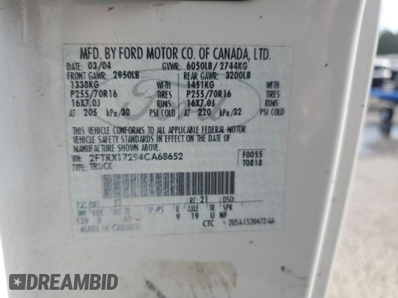 2004 Ford F-150 XL with VIN 2FTRX17294CA68652, listed as a Copart auction lot 53442525 with Not provided miles and Salvage title. Bid and sale history available at DreamBid. Image 12.