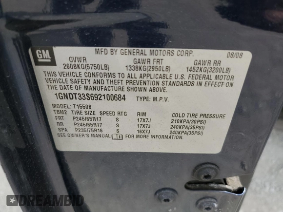 2009 Chevrolet TrailBlazer LT w/2LT with VIN 1GNDT33S692100684, listed as a Copart auction lot 54675105 with 177,098 mi miles and Clean Title. Bid and sale history available at carsss.com. Image 13.