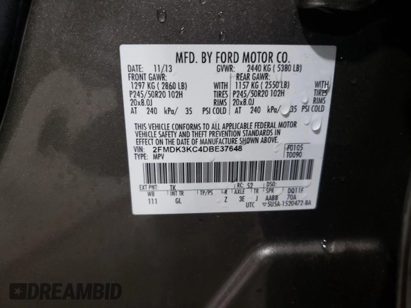 2013 Ford Edge Limited with VIN 2FMDK3KC4DBE37648, listed as a Copart auction lot 83949454 with 62,262 mi miles and Salvage Title. Bid and sale history available at DreamBid. Image 13.