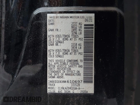 2022 Nissan Frontier S with VIN 1N6ED1EKXNN610697, listed as a IAAI auction lot 41241624 with 17,897 mi miles. Bid and sale history available at carsss.com. Image 9.
