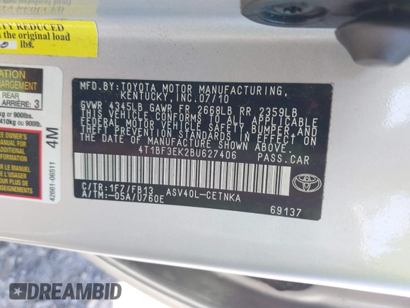 2011 Toyota Camry LE with VIN 4T1BF3EK2BU627406, listed as a IAAI auction lot 41876365 with 62,678 mi miles. Bid and sale history available at carsss.com. Image 9.