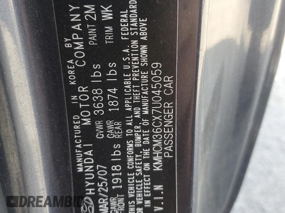 2007 Hyundai Accent GS with VIN KMHCM36CX7U045059, listed as a Copart auction lot 52089115 with 88,166 mi miles and Salvage title. Bid and sale history available at DreamBid. Image 14.