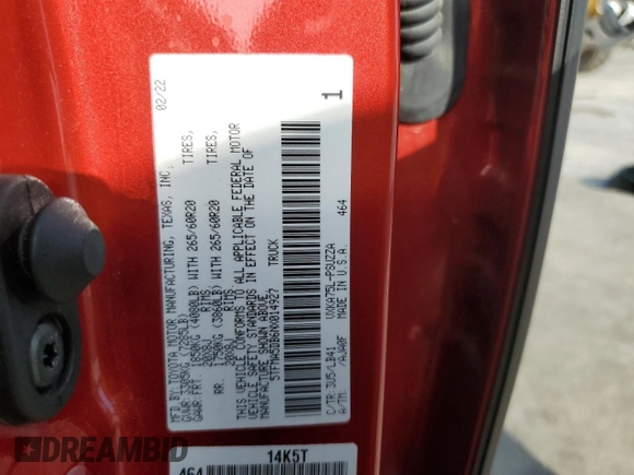 2022 Toyota Tundra 1794 Edition with VIN 5TFMA5DB6NX014927, listed as a Copart auction lot 43013915 with 67,289 mi miles and Salvage title. Bid and sale history available at DreamBid. Image 12.