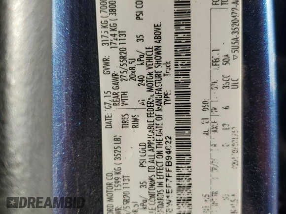 2015 Ford F-150 XLT with VIN 1FTEW1EF7FFB94622, listed as a Copart auction lot 52749915 with 95,436 mi miles and Salvage title. Bid and sale history available at DreamBid. Image 13.