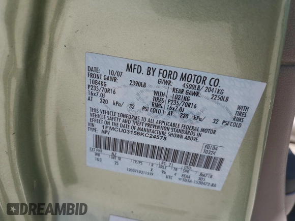 2008 Ford Escape XLT with VIN 1FMCU03158KC24575, listed as a Copart auction lot 57133855 with 200,329 mi miles and Salvage title. Bid and sale history available at DreamBid. Image 13.