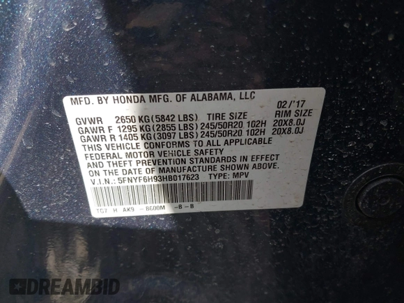 2017 Honda Pilot Touring with VIN 5FNYF6H93HB017623, listed as a IAAI auction lot 41996650 with 97,946 mi miles. Bid and sale history available at carsss.com. Image 9.