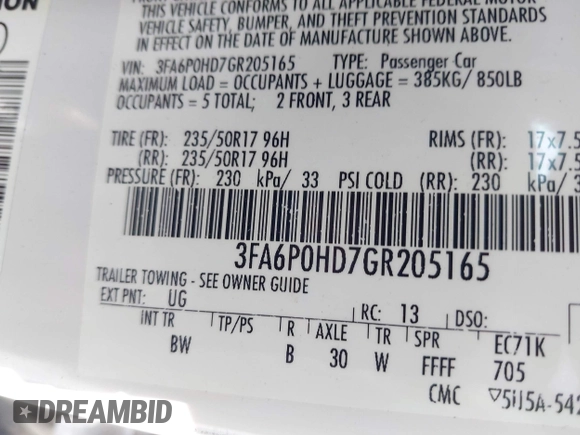 2016 Ford Fusion SE with VIN 3FA6P0HD7GR205165, listed as a IAAI auction lot 41853527 with 157,204 mi miles and . Bid and sale history available at DreamBid. Image 9.