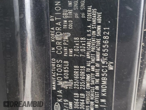 2019 Kia Sedona EX with VIN KNDMB5C15K6556821, listed as a Copart auction lot 46786935 with 101,467 mi miles and Salvage Title. Bid and sale history available at carsss.com. Image 16.