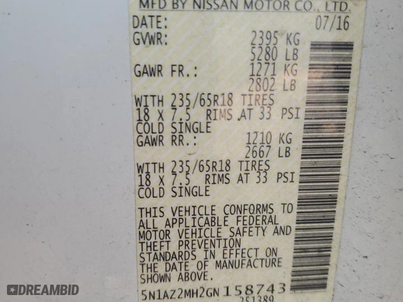 2016 Nissan Murano SL with VIN 5N1AZ2MH2GN158743, listed as a Copart auction lot 87516435 with 101,191 mi miles and Salvage Title. Bid and sale history available at carsss.com. Image 14.