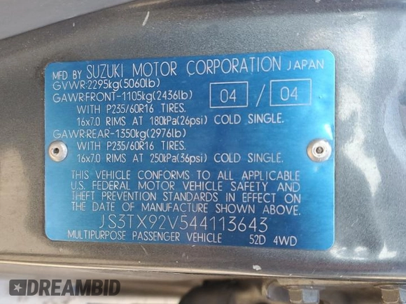 2004 Suzuki XL7 LX z VIN JS3TX92V544113643, wystawiony jako Copart lot #77832874 z przebiegiem Nie podano mil oraz Szkoda całkowita • Salvage title. Historia ofert i sprzedaży dostępna na DreamBid. Obrazek 13.