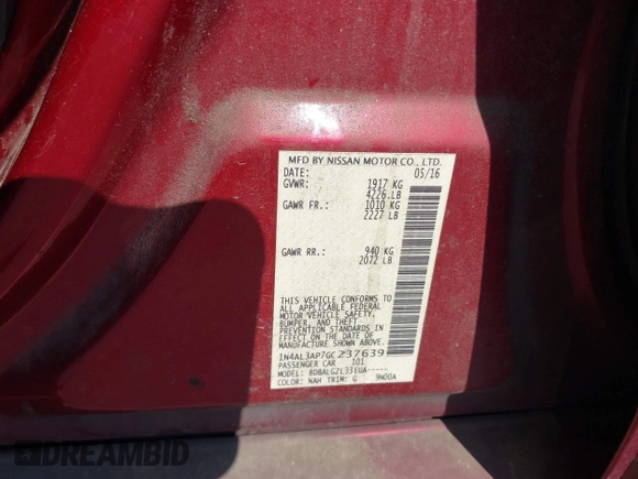 2016 Nissan Altima SR with VIN 1N4AL3AP7GC237639, listed as a IAAI auction lot 41999581 with 192,952 mi miles and . Bid and sale history available at carsss.com. Image 9.