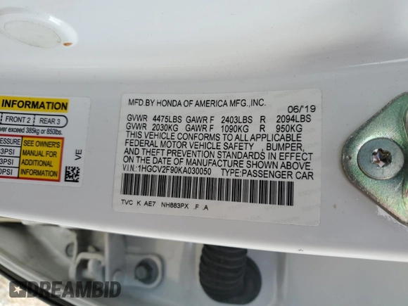 2019 Honda Accord Touring with VIN 1HGCV2F90KA030050, listed as a Copart auction lot 53018355 with 138,684 mi miles and Salvage title. Bid and sale history available at DreamBid. Image 13.
