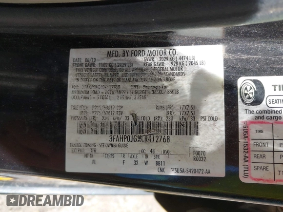2012 Ford Fusion SEL with VIN 3FAHP0JGXCR412768, listed as a IAAI auction lot 42292499 with 125,843 mi miles and . Bid and sale history available at DreamBid. Image 9.