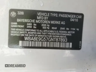 2016 BMW 3 Series 328i with VIN WBA8E9G57GNT87893, listed as a Copart auction lot 53308885 with 81,947 mi miles and Clean Title. Bid and sale history available at carsss.com. Image 12.