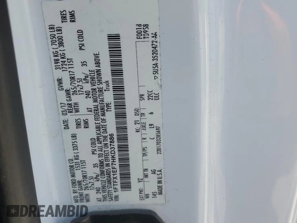 2017 Ford F-150 XL с VIN 1FTFX1EF7HKD37886, выставлен на аукционе Copart как лот 56321145 с пробегом 212 960 миль миль и Списание • Salvage title. История ставок и продаж доступна на DreamBid. Изображение 12.