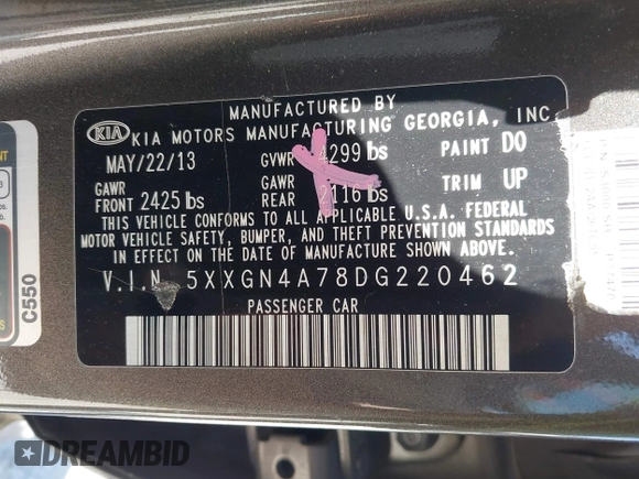 2013 Kia Optima EX with VIN 5XXGN4A78DG220462, listed as a IAAI auction lot 42158221 with 152,637 mi miles and . Bid and sale history available at DreamBid. Image 9.