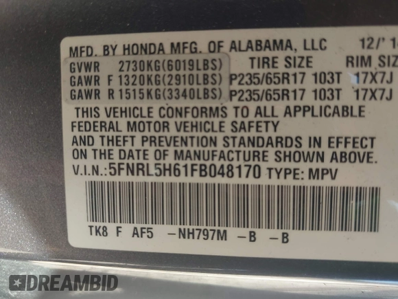 2015 Honda Odyssey EX-L with VIN 5FNRL5H61FB048170, listed as a IAAI auction lot 41822798 with 179,550 mi miles and . Bid and sale history available at DreamBid. Image 9.