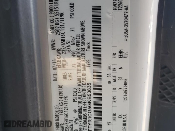 2016 Ford Transit with VIN 1FTYR1CG5GKB53835, listed as a Copart auction lot 73720434 with 109,283 mi miles and Salvage Title. Bid and sale history available at DreamBid. Image 13.