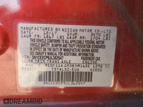 2018 Nissan Note SV with VIN 3N1CE2CP9JL362547, listed as a Copart auction lot 61238755 with 128,551 mi miles and Salvage title. Bid and sale history available at DreamBid. Image 12.
