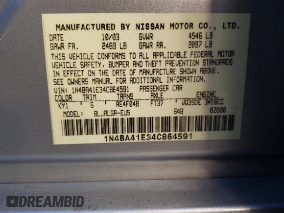 2004 Nissan Maxima SL with VIN 1N4BA41E34C864591, listed as a Copart auction lot 82774144 with Not Provided miles and Non Repairable. Bid and sale history available at DreamBid. Image 12.