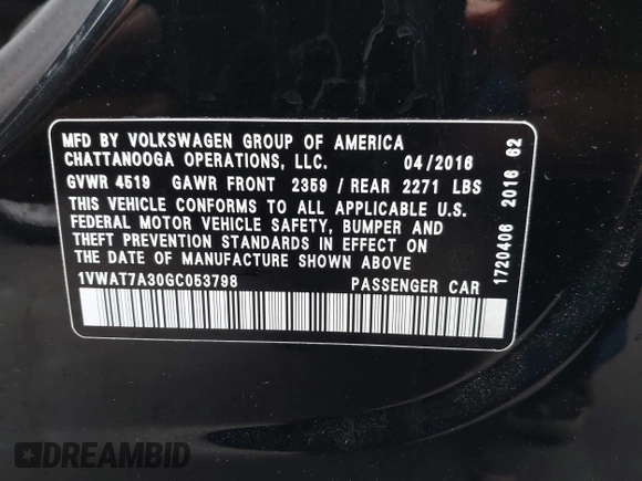 2016 Volkswagen Passat S with VIN 1VWAT7A30GC053798, listed as a IAAI auction lot 42104287 with 58,641 mi miles and . Bid and sale history available at DreamBid. Image 9.