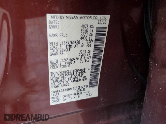 2017 Nissan Titan XD SV with VIN 1N6BA1F46HN522679, listed as a Copart auction lot 79296794 with 140,454 mi miles and Salvage Title. Bid and sale history available at carsss.com. Image 12.