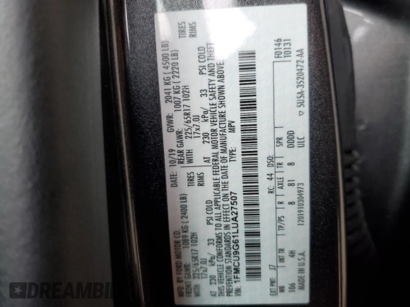 2020 Ford Escape SE с VIN 1FMCU9G61LUA27507, выставлен на аукционе Copart как лот 62779125 с пробегом 138 656 миль миль и Чистый • Clean title. История ставок и продаж доступна на DreamBid. Изображение 13.