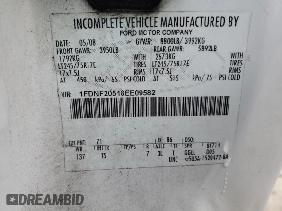 2008 Ford F-250 z VIN 1FDNF20518EE09582, wystawiony jako Copart lot #46505405 z przebiegiem 167 669 mil mil oraz Nie do naprawy • Non repairable. Historia ofert i sprzedaży dostępna na DreamBid. Obrazek 12.