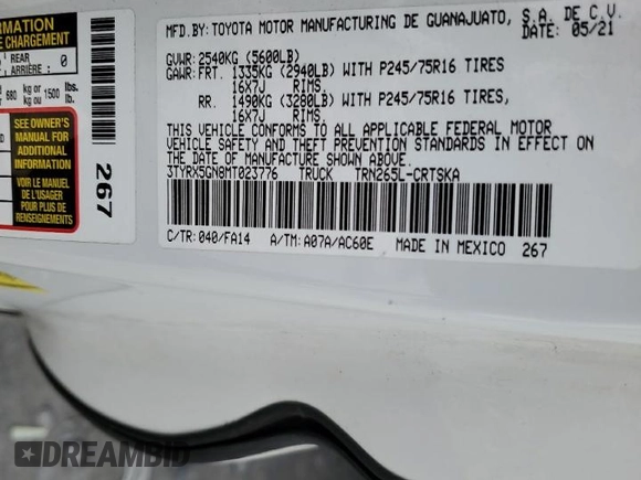 2021 Toyota Tacoma SR with VIN 3TYRX5GN8MT023776, listed as a Copart auction lot 52783755 with Not provided miles and Salvage title. Bid and sale history available at DreamBid. Image 12.