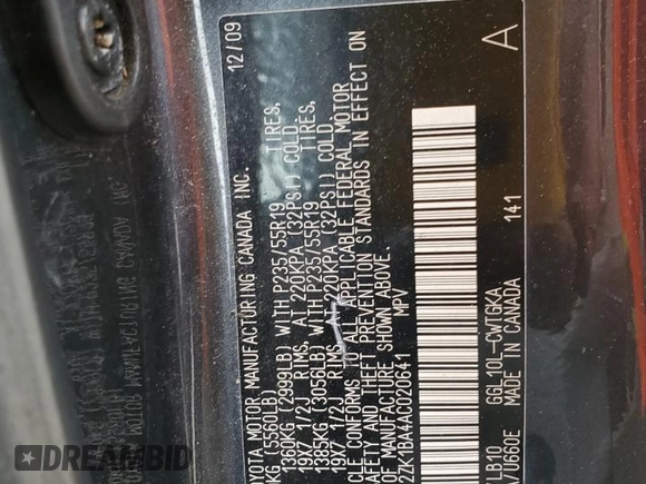 2010 Lexus RX 350 z VIN 2T2ZK1BA4AC020641, wystawiony jako Copart lot #58625615 z przebiegiem Nie podano mil oraz Szkoda całkowita • Salvage title. Historia ofert i sprzedaży dostępna na DreamBid. Obrazek 13.