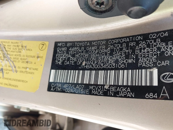 2004 Lexus ES 350 with VIN JTHBA30G345031061, listed as a IAAI auction lot 42003939 with 204,422 mi miles and . Bid and sale history available at DreamBid. Image 9.