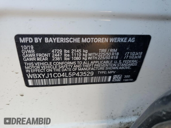 2020 BMW X2 xDrive28i with VIN WBXYJ1C04L5P43529, listed as a Copart auction lot 46868775 with 0 mi miles and Salvage Title. Bid and sale history available at carsss.com. Image 13.