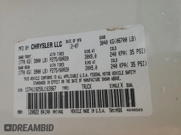 2008 Dodge 1500 ST with VIN 1D7HU18258J163967, listed as a Copart auction lot 48067015 with 141,303 mi miles and Salvage Title. Bid and sale history available at DreamBid. Image 13.