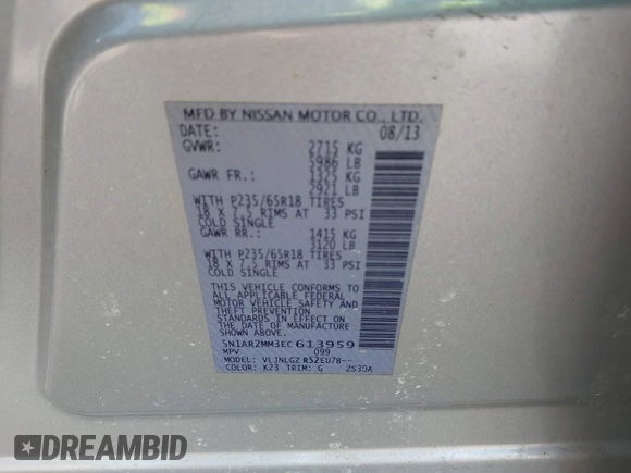 2014 Nissan Pathfinder S with VIN 5N1AR2MM3EC613959, listed as a IAAI auction lot 41966935 with 121,521 mi miles and . Bid and sale history available at DreamBid. Image 9.