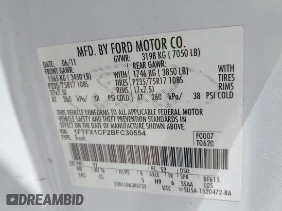 2011 Ford F-150 XL with VIN 1FTFX1CF2BFC30554, listed as a IAAI auction lot 42560406 with 291,008 mi miles and . Bid and sale history available at DreamBid. Image 9.